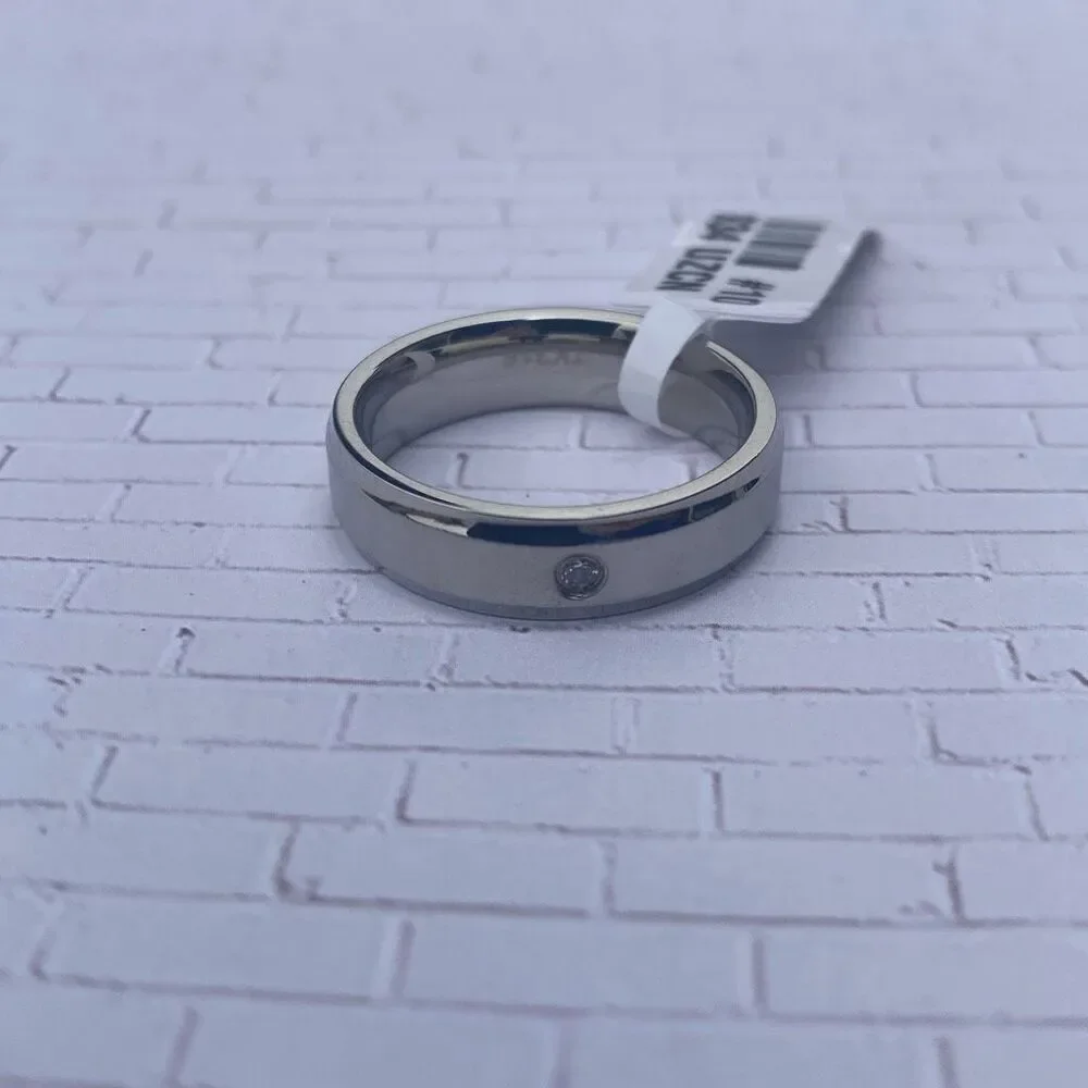 Men’s Stainless Steel Ring Size 10 Silver Band w/ CZ Accent